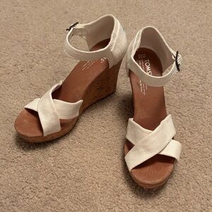 TOMS Cream Linen Canvas Cork Wedge Sandals
